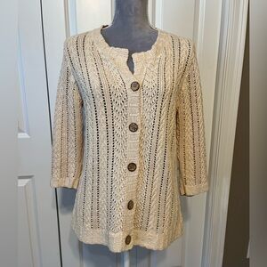 Eddie Bauer linen cotton blend‎ open knit cardigan Sweater Ecru Natural Sz MP